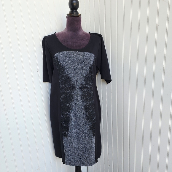 Lane Bryant Dress Womens Black Gray Stretch Knit Lace Shoulders Short Sleeve 14 - Picture 1 of 13